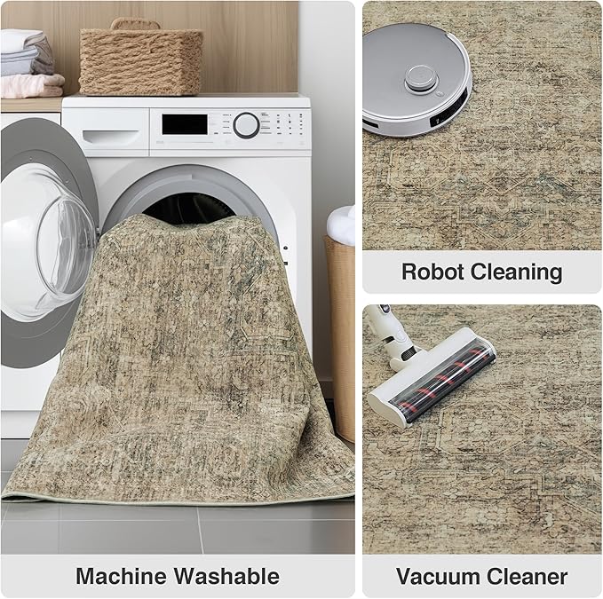 FMFUNCTEX 2x6 Runner Rug Brown Vintage Neutral Washable Distressed Oriental Non Slip Low Pile Indoor Carpet Retro Hallway Entryway Rug for Kitchen Living Room Bedroom Bathroom Laundry Entry Bedside