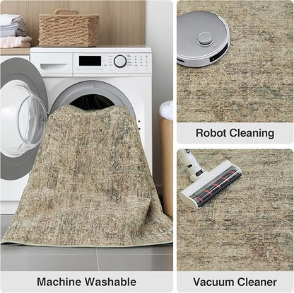 FMFUNCTEX Entryway Rug 2x3 Washable Brown Vintage Distressed Oriental Door Mat Non Slip Low Pile Indoor Carpet Soft Retro Small Throw Area Rugs for Entry Way Entrance Bedroom Kitchen Bathroom Laundry