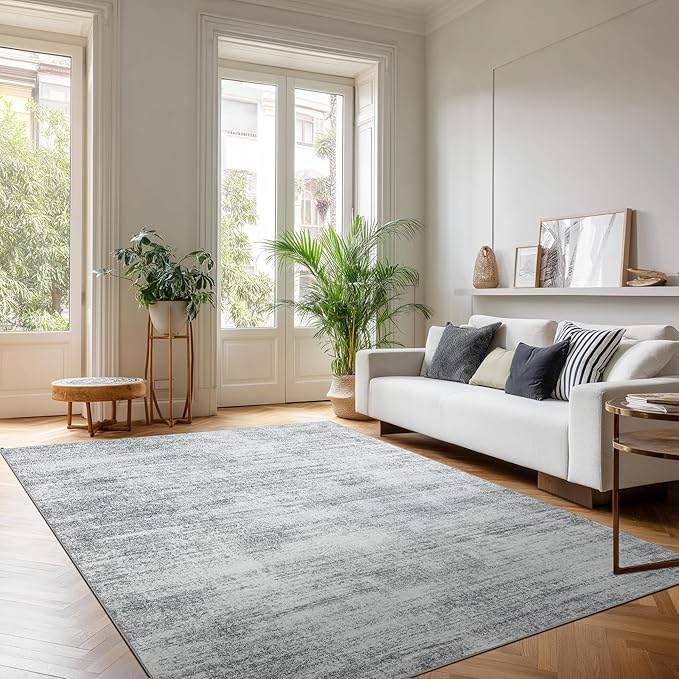 Minimalist Abstract Area Rug for Dining Room Under Table Grey Nursery 5x8 Rug Non Slip Washable Low Pile Floor Covering Carpet for Playroom Bedroom Light Gray