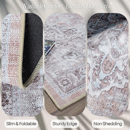Fame Rugs Turkish Rug. Washable Vintage Oriental Antique Inspired Traditional Doormat Small Modern Area Rugs Luxury Entryway Entry Bedroom Bathroom Kitchen (392TW, 2'5 x 5')