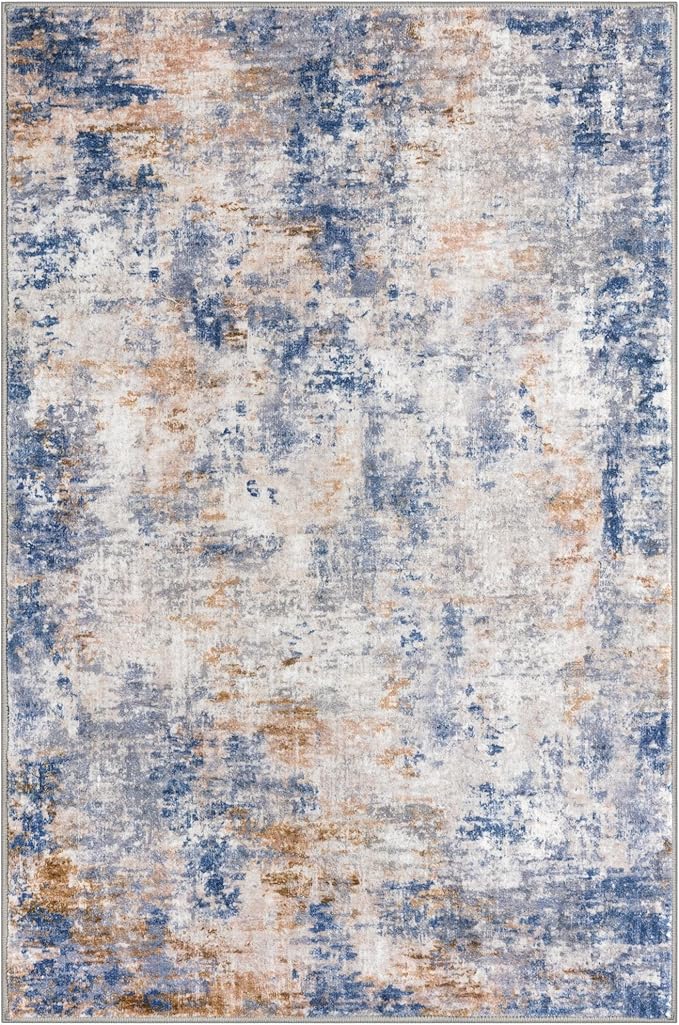 Modern Abstract Entryway Rug Indoor 2x3 Washable Non-Slip Soft Grey Blue Orange Colorful Small Area Rug Kitchen Mat Thin Print Faux Wool Floor Carpet for Entrance Bedroom Office