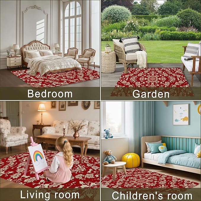 Red Flower Carpet for Living Room, 5x7 Non-Slip Washable Low Pile Abstract Design Rug, Space Saving Area Rug for Bedroom, Dining Room