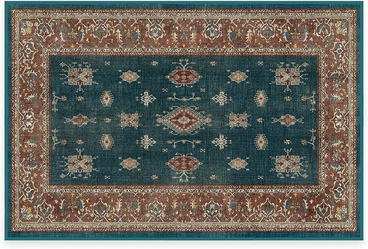 RUGGABLE Washable Vintage Area Rug – Verena Teal Blue 2x3, Stain-Resistant, Non-Slip – Small Machine Washable Rugs for Living Room, Bedroom, Hallway, Entryway & Bathroom–with Standard Pad