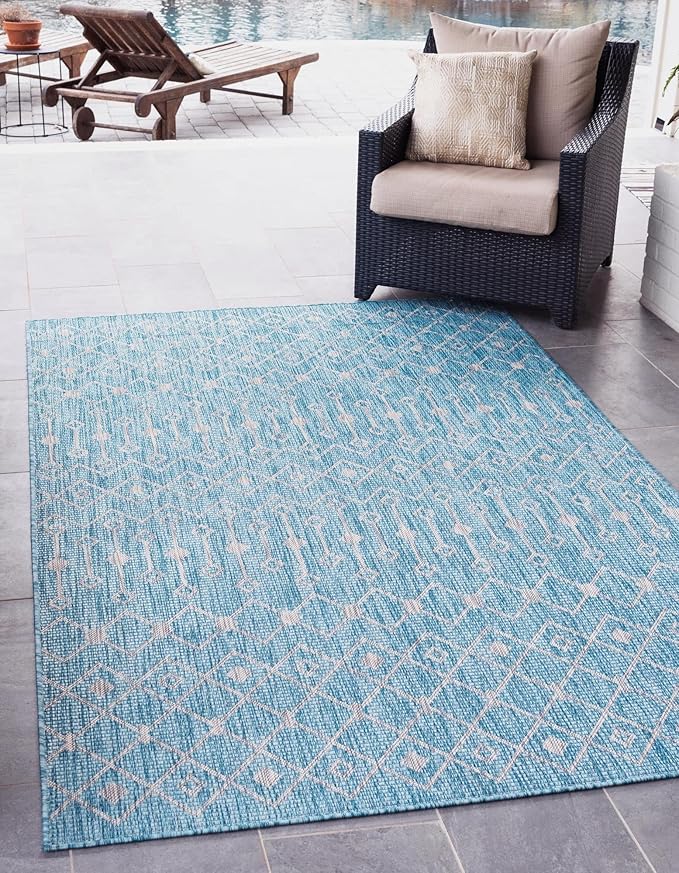 Unique Loom Outdoor Trellis Collection Area Rug - Tribal Trellis (3' 3" x 5' 3" Rectangle, Aqua/ Ivory)