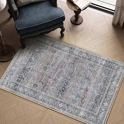HUGEAR 3x5 Area Rug Purple Washable Vintage Neutral Distressed Carpet Soft Non Slip Low Pile Pet Friendly for Bathroom Kitchen Bedside Entryway Hallway Porch