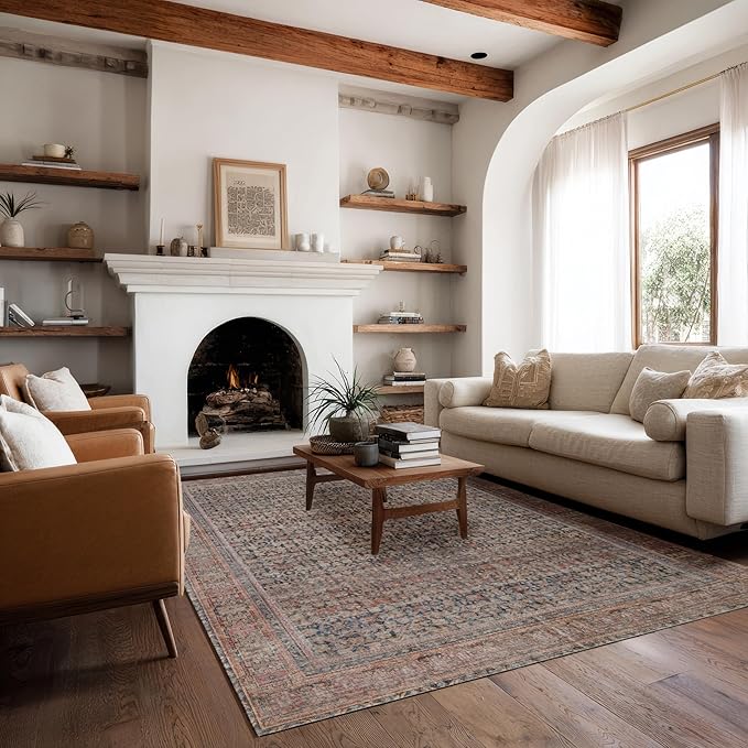 Kuden 8x10 Large Area Rug, Machine Washable Area Rug with Non-Slip Backing, Vintage Style, Soft, Easy Clean, Low Pile Rug for Living Room, Bedroom, Dining Room