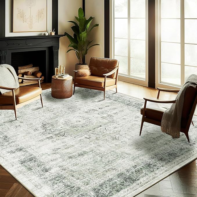 Washable Area Rug 8'x10' Floral Green Retro Boho Design Non-Shedding Non-Slip Easy Care Ideal for High Traffic Areas in Living Room Bedroom Office Coffee Table Kitchen Large Carpet