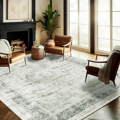 Washable Area Rug 9'x12' Retro Floral Green Boho Design Non-Shedding Easy Care Ideal for High Traffic Areas in Living Room Bedroom Office Coffee Table Kitchen Large Carpet