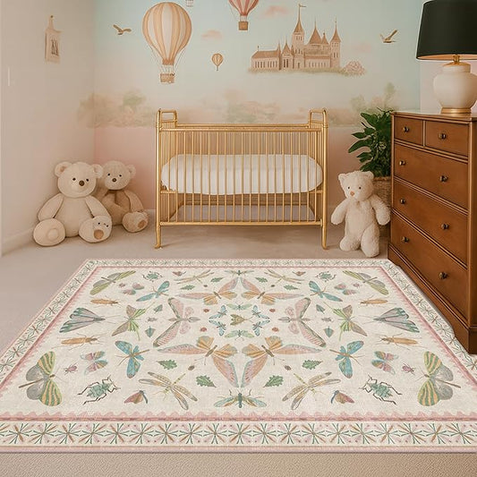 Neutral Girl Nursery Rug 4x6 - Beige & Pink Rugs for Bedroom, Living Room - Washable Low Pile Non-Slip Charming Insect Print Vintage Girly Design, Perfect for Kids Rooms