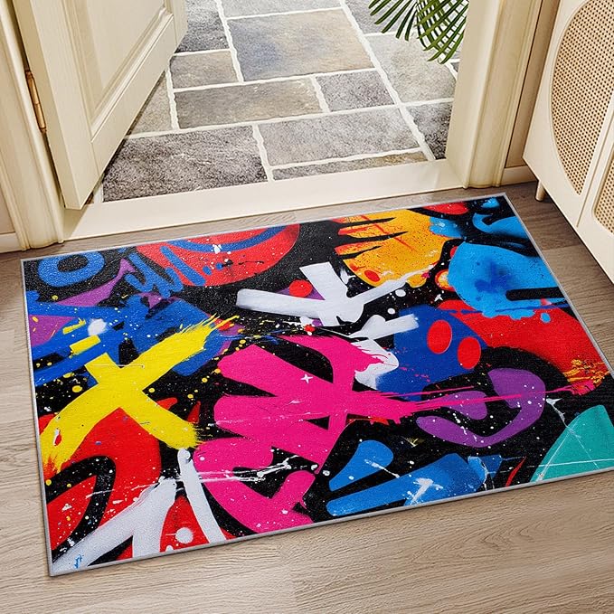 Pop Art Rugs for Entryway - Colorful Geometric Abstract Area Rugs 3x4, Retro Funky Art Non Slip Foldable Indoor Throw Carpet Home Decor #C067