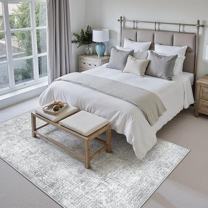 5x7 Area Rug Washable Vintage Living Room Carpet Large Indoor Non Slip Grey Bedroom Distressed Low Pile Retro Accent Throw Rug for Dining Room