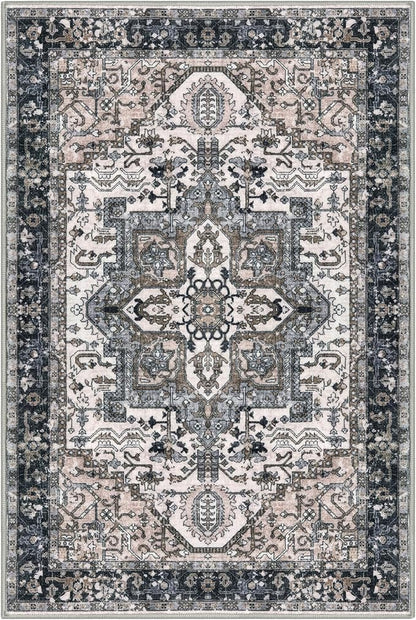KOZYFLY Area Rug 4x6 Ft Washable Rugs for Entryway Non Slip Faux Wool Printed Throw Rug for Kitchen Bedroom Hallway Living Room Indoor Floor Decoration, Black/Taupe/Beige
