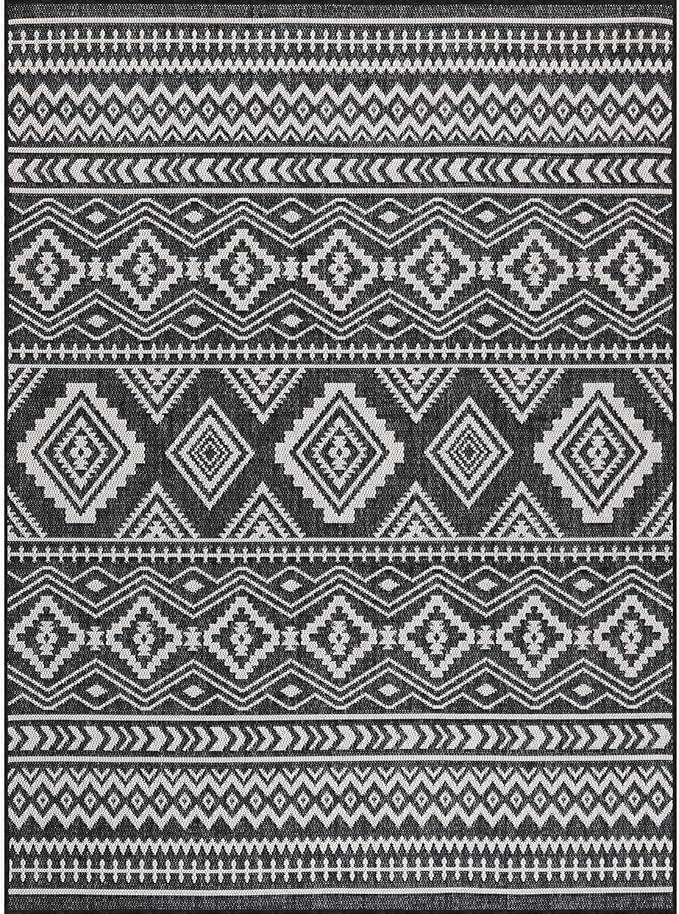 Beverly Rug Waikiki Boho Indoor Outdoor Rug 6x9, Washable Outside Carpet for Patio, Deck, Porch, Bohemian Area Rug, Farmhouse Rugs, Aztec Tribal Rug, Black and White