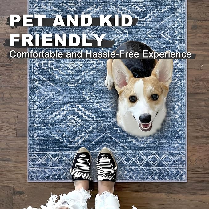KILOCOCO Living Room Rug 6x9 Area Rug Printed Boho Washable Bedroom Rugs Non Slip Soft Large Moroccan Indoor Rugs for Dining Room Office Farmhouse Geometric Carpet, Stonewashed Blue