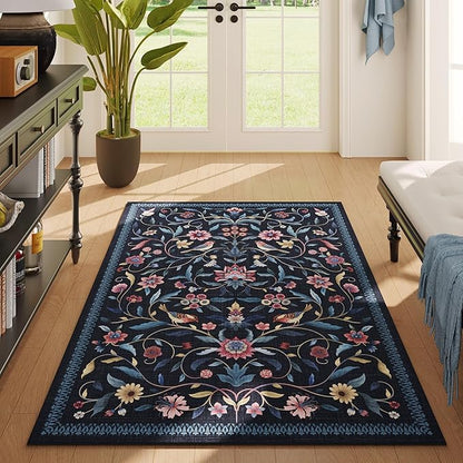 Vintage Medallion Floral 4x6 Rug, Machine Washable Non-Slip Area Rug, Low Pile Soft Carpet for Entry, Living Room, Office, Kids, Girl/Boys Room | Blue