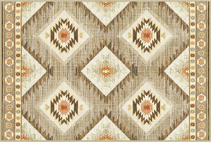 Area Rug 4x6 Rug Machine Washable Non-Slip Low Pile Print Pattern Western Rug for Living Room Bedroom Entryway Tribal Series -Cream/Camel
