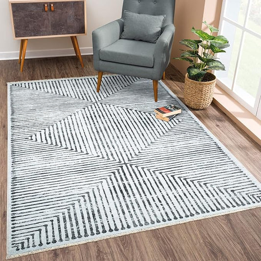 Bloom Rugs Caria Washable Non-Slip 4x6 Rug - Ivory/Black Striped Area Rug for Living Room, Bedroom, Dining Room, and Kitchen - Exact Size: 4' x 6'