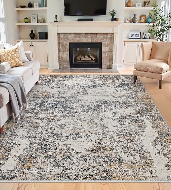 6x9 Washable Area Rugs - Modern Abstract Rugs for Living Room Non-Slip Low Pile Soft Machine Washable Carpet for Bedroom, Dining Room, Nursery, Home Office, Farmhouse (6'x9' Tan Blue)