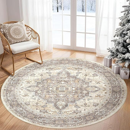 Round Rug Living Room Rugs: 4x4 Washable Boho Neutral Circle Soft Non-Slip Indoor Vintage Stain Resistant Floor Farmhouse Carpet for Bedroom Nursery Kids Playroom Entryway Dorm Home- Beige Brown