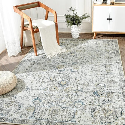 jinchan Kalen Area Rug 5x7 Washable Living Room Rug Vintage Indoor Floor Cover Retro Distressed Floral Country Boho Lightweight Non Slip Carpet for Kitchen Bedroom Dining Room Office Blue