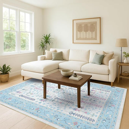 Fame Living Cream Blue Oushak Runner Rug, Modern Runners, Turkish, Eclectic, Pastel, Washable, Small Rugs, Short Runner for Hallway, Entryway, Laundry, Foyer, Bedroom, Kitchen, Bathroom, 2'5"x6'5"