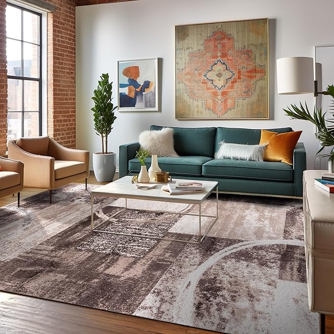 Rugshop Contemporary Abstract Circle Design Area Rug, Non-Shedding Carpet for Dining Room, Living Room, or Bedroom, Brown, 6'6" x 9'