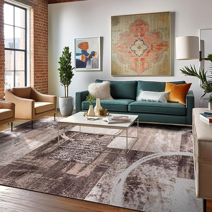 Rugshop Contemporary Abstract Circle Design Area Rug, Non-Shedding Carpet for Dining Room, Living Room, or Bedroom, Brown, 6'6" x 9'