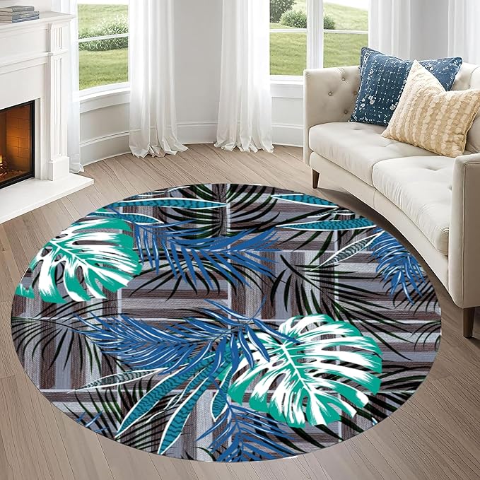 Round Area Rug 6ft - Abstract Palm Leaf Pattern, Non-Slip Machine Washable Low Pile Carpet for Bathroom, Living Room, Bedroom, Entryway, Durable Indoor Floor Mat