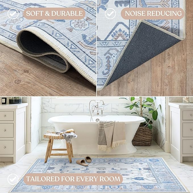Fame Living Cream Blue Oushak Rug, Modern, Vintage, Turkish, Eclectic, Floral, Pastel, Washable, Oversized, Extra Large Area Rugs for Living Room, Dining, Bedroom, Lounge 9'5"x14'
