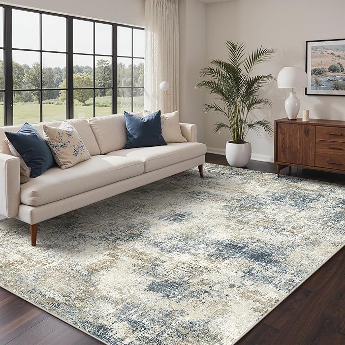 Bavni 6x9 Area Rugs Machine Washable Rug for Living Room, Modern Printed Rug Indoor Soft Area Rug for Bedroom Dining Room, Ultra-Thin Low Pile Carpet with Non Slip Rubber Backing, Gray Beige Blue