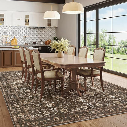 9x12 Area Rug for Living Room, Soft Large Rugs Brown Washable Rugs, Indoor Vintage Carpet for Bedroom Dining Room Office, Rubber Backed Non Slip Low Pile Mat, Dark Brown