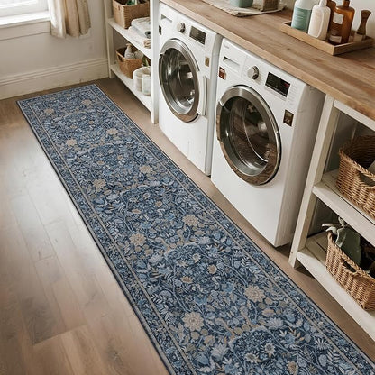 Washable Runner Rug 2x12: Vintage Boho Floral Carpet Runners for Hallway Entryway Non-Slip - Soft Botanical Low Pile Thin Mat for Kitchen Bathroom Bedroom Laundry Floor Decor - Slate Blue
