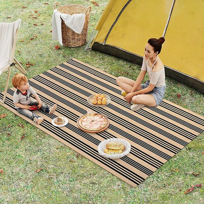 Black and Khaki Striped Rug 5'x7', Washable Outdoor Rugs Cotton Hand Woven Front Porch Rugs, Reversible Patio Rug Foldable Large Throw Rugs for Living Room Home Entrance