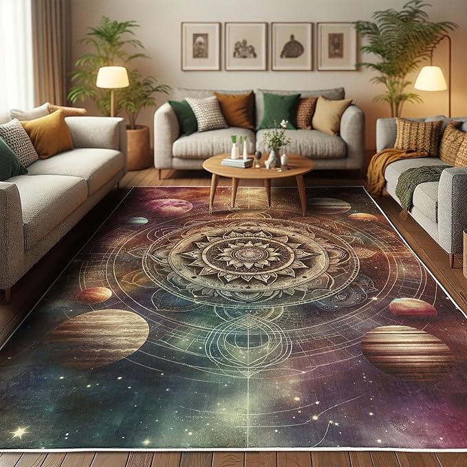 Ambesonne Galaxy Decorative Rug, Dreamy Art of Starry Outer Space with Planets Featuring Oriental Mandala, Quality Carpet for Bedroom Dorm and Living Room, 2' 5" x 5', Pale Camel Dried Rose