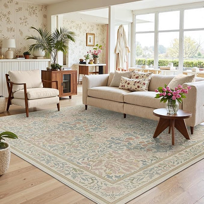 Bavni Floral Beige Pink Area Rugs 5x7, Vintage Boho Carpet Machine Washable, Non Slip Soft Low Pile Thin Rug for Bedroom, Living Room, Dining Room, Nursery