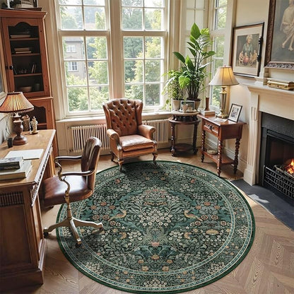 6ft Round Area Rugs for Living Room, Washable Floral Circle Rug Non Slip Low Pile, Vintage Boho Botanical Birds Throw Carpet for Farmhouse, Bedroom, Dining Room, Retro Green/Blue