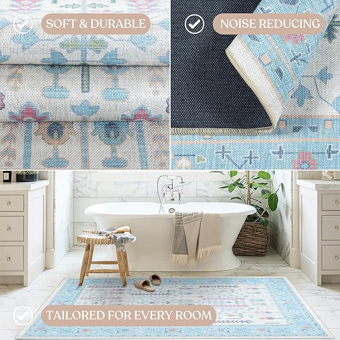 Fame Living Cream Blue Oushak Rug, Modern, Vintage, Turkish, Eclectic, Floral, Pastel, Washable, Oversized, Extra Large Area Rugs for Living Room, Dining, Bedroom, Lounge 9'5"x14'