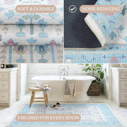 Fame Living Cream Blue Oushak Runner Rug, Modern Runners, Turkish, Eclectic, Pastel, Washable, Small Rugs, Short Runner for Hallway, Entryway, Laundry, Foyer, Bedroom, Kitchen, Bathroom, 2'5"x6'5"