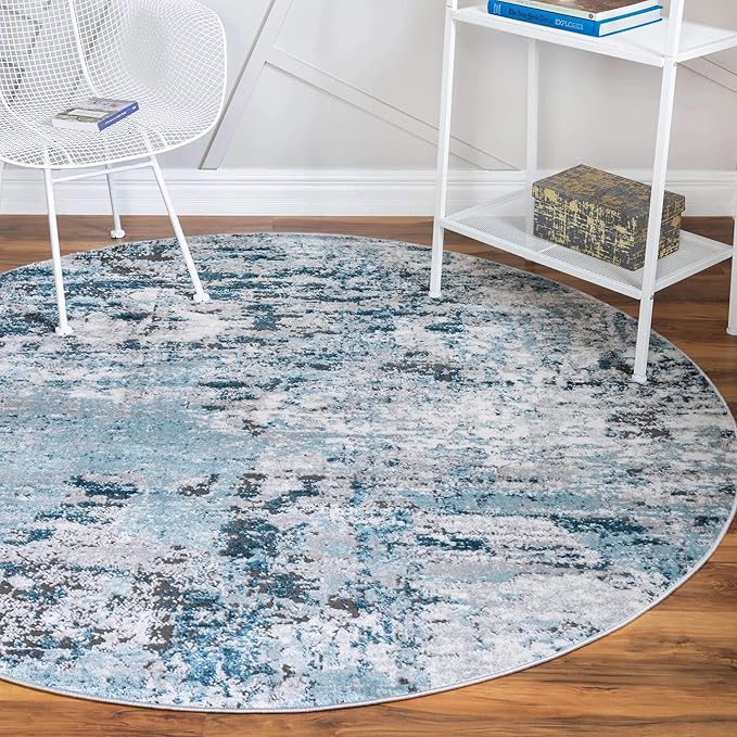 Rugs.com Leipzig Collection Round Rug – 7 Ft Round Blue Low-Pile Rug Perfect for Kitchens, Dining Rooms