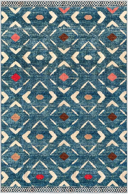 KILOCOCO Area Rug 4'x6' Entryway Rug Washable Bedroom Rug Non Slip Printed Boho Rubber Backed Low-Pile Soft Rugs for Kitchen Living Room Dining Geometric Moroccan Carpet, Teal/Blue