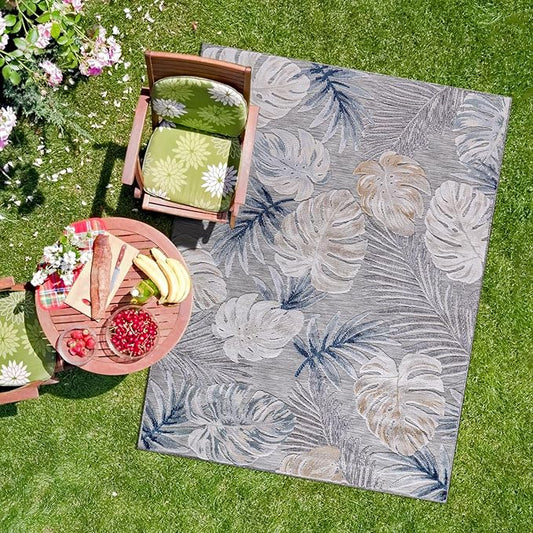 CAMILSON Indoor Outdoor Rug, Blue 4x6 Leaf Tropical Botanical Area Rugs for Indoor and Outdoor patios, Easy-Cleaning Non-Shedding Living Room, Garden and Kitchen Washable Outside Carpet (4 x 6)