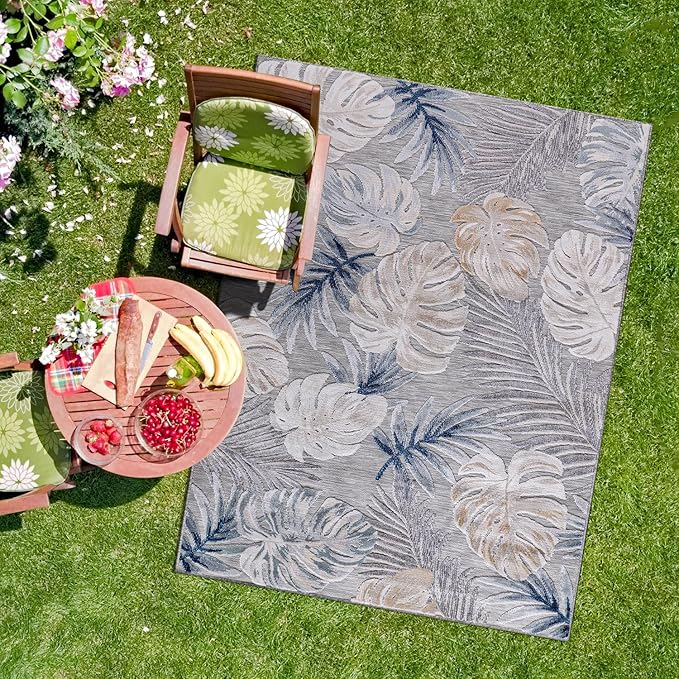 CAMILSON Indoor Outdoor Rug, Blue 6’x9’ Leaf Tropical Botanical Area Rugs for Indoor and Outdoor patios, Easy-Cleaning Non-Shedding Living Room, Garden and Kitchen Washable Outside Carpet (6x9)
