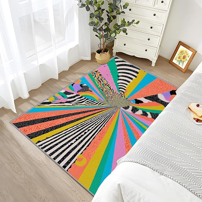 Colorful Area Rugs - Abstract Graffiti Art Rug 4x5, Hippie Aesthetic Funky High Traffic Shed Resistant Carpets Room Decor #C082