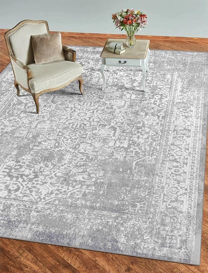 vivorug 6x9 Neutral Area Rugs, Stain Resistant Washable Rug for Living Room, Vintage-Inspired (Ivory/Silver, 6'x9')