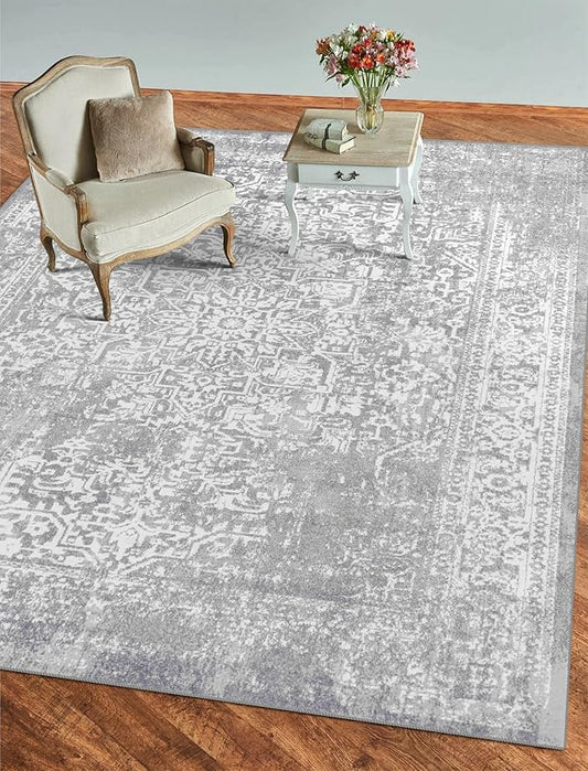 vivorug 5x7 Neutral Area Rugs, Stain Resistant Washable Rug for Living Room, Vintage-Inspired (Ivory/Silver, 5'x7')