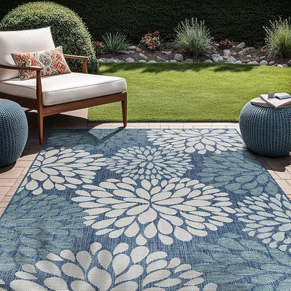 Beverly Rug Outdoor Rug 5x7 Modern Exotic Tropical Leaf Area Rugs for Indoor and Outdoor Patio Deck Porch Garden Water Resistant Washable Outside Carpet (5 x 7 Blue)