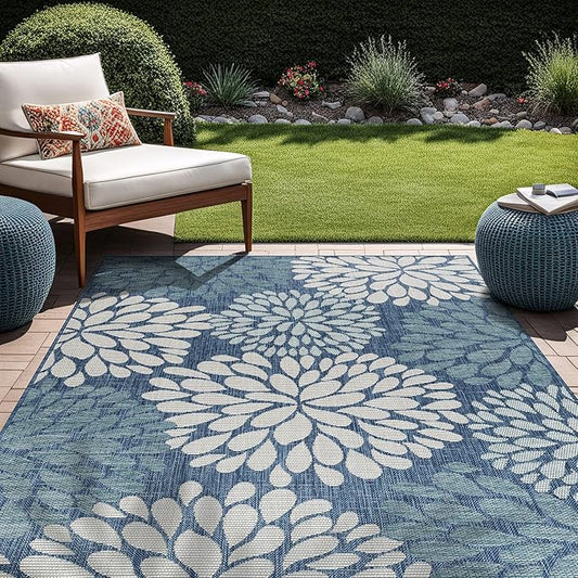 Beverly Rug Outdoor Rug 5x7 Modern Exotic Tropical Leaf Area Rugs for Indoor and Outdoor Patio Deck Porch Garden Water Resistant Washable Outside Carpet (5 x 7 Blue)