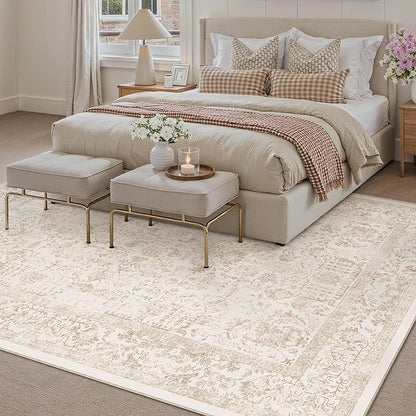 Beige Area Rug 8x10 Machine Washable Large Vintage Living Room Distressed Non Slip Carpet Traditional Indoor Bedroom Retro Floral Accent Throw Rug for Office Kitchen Dining Room