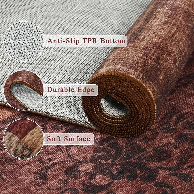 Tepook Modern Area Rug for Living Room, 5x7 Geometric Large Rugs for Bedroom, Washable Patchwork Rug Indoor Non-Slip Throw Carpets for Dining Room Office Farmhouse Home Decor, Red