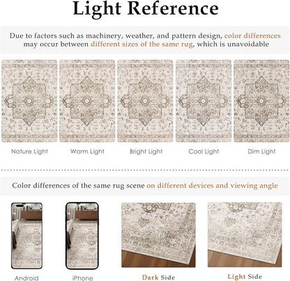Taupe 8x10 Area Rug Washable Vintage Living Room Carpet Non Slip Retro Distressed Low Pile Soft Oriental Medallion Thin Large Throw Rug for Office Bedroom Dining Room Playroom